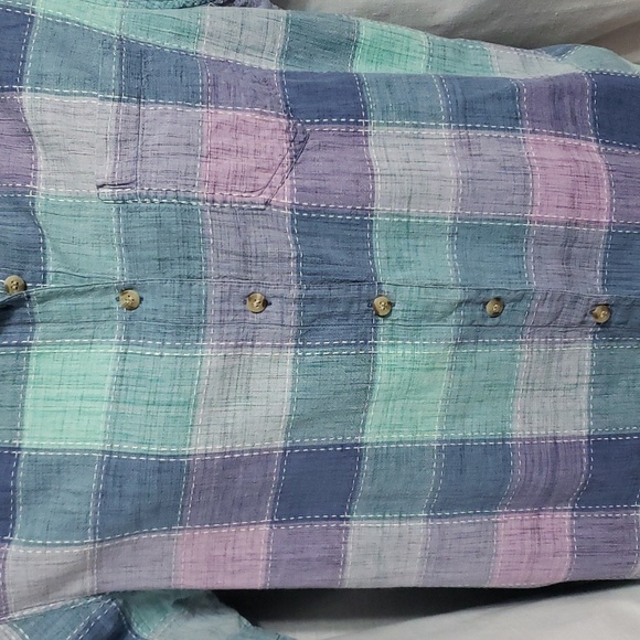 Keren Hart. Teal/Blue/Purple/Pink Plaid; Button up; Short Sleeve Top Size XL EUC - Picture 2 of 15